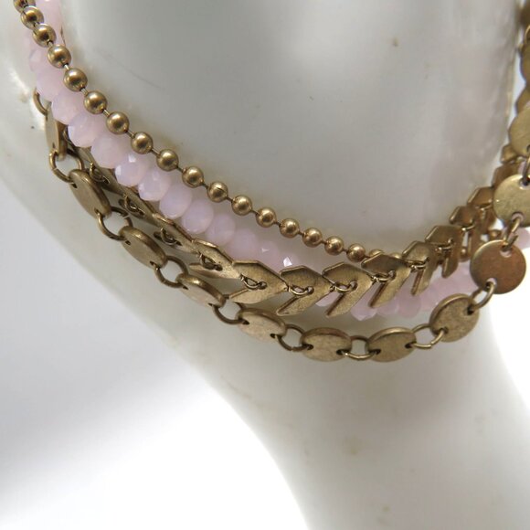 Canvas Bracelet Multi Layer Gold Tone Chains Pink Beads Adjustable Slide New - Picture 8 of 12